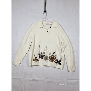 ALFRED DUNNER PULLOVER CREAM COLORED EMBROIDERED SWEATER LONG SLEEVED SIZE M